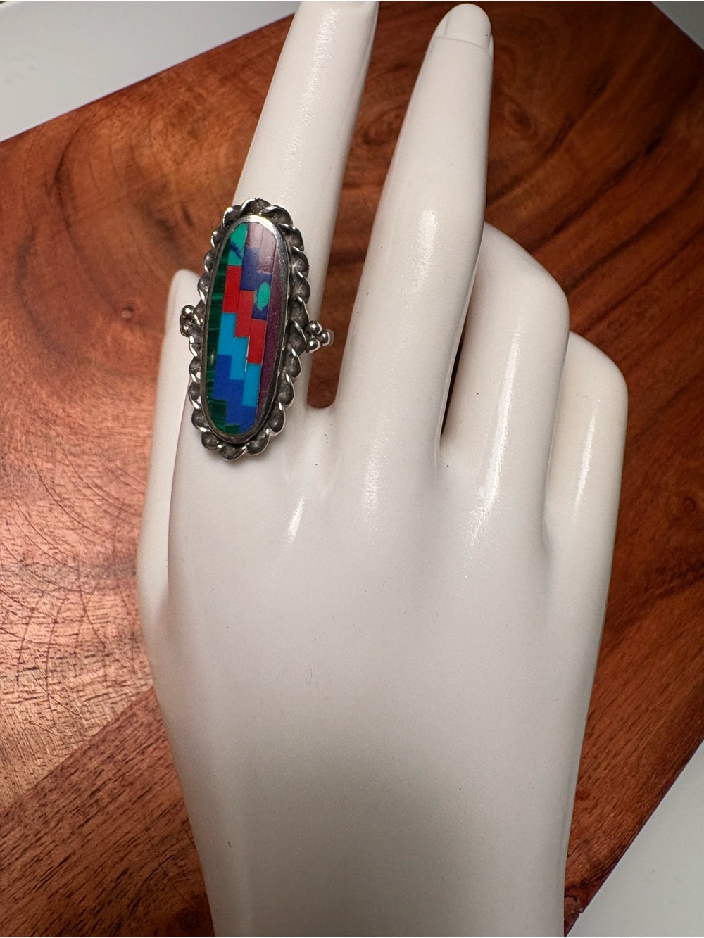 Navajo Multi-Stone Inlay Silver Ring with Zigzag pattern - Size 7.5